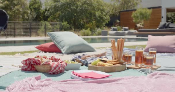 Yastıklı Piknik Battaniyeleri Güneşli Bahçede Havuz Başında Yiyecek Içecekler Yavaş — Stok video