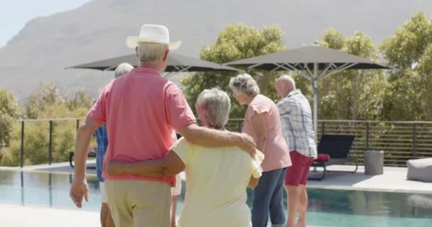 Felice Diversi Amici Anziani Parlando Abbracciando Festa Giardino Soleggiato Inalterato — Video Stock