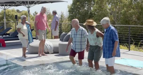 Glückliche Senioren Stehen Bei Sonniger Gartenparty Pool Unverändert Zeitlupe Freundschaft — Stockvideo