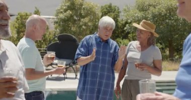 Neşeli bahçe partisinde içkili, değişmeden, ağır çekimde konuşan mutlu kıdemli arkadaşlar. Arkadaşlık, yaz, kıdemli yaşam tarzı, birliktelik ve kutlama..