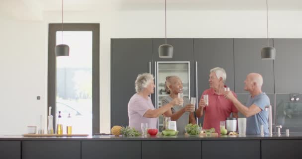 Glada Mångsidiga Äldre Vänner Gör Skål Med Hälsodrycker Köket Oförändrad — Stockvideo