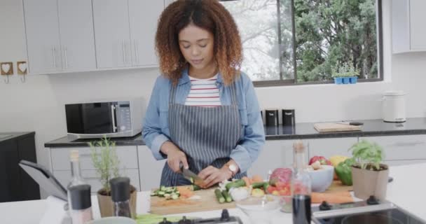 Mujer Biracial Usando Delantal Preparando Comida Picando Verduras Cocina Cámara — Vídeos de Stock