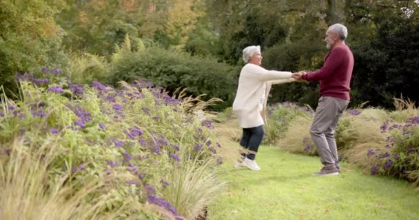 Senior Biracial Couple Dancing Together Sunny Garden Unaltered Copy Space — Stock Video