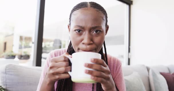 Kahveli Mutlu Afro Amerikan Kadın Portresi Video Görüşmesi Yapıyor Gülüyor — Stok video