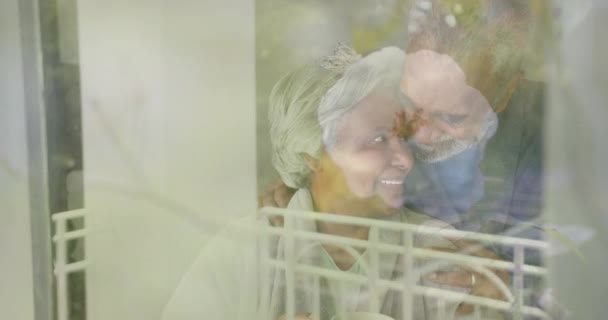 快乐的老夫妇一起度过时光 在阳光灿烂的花园里举行婚礼 动作缓慢 自然和老年生活方式 — 图库视频影像