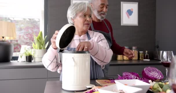 Üst Düzey Melez Çift Mutfakta Hiç Değiştirilmemiş Ağır Çekimde Atık — Stok video