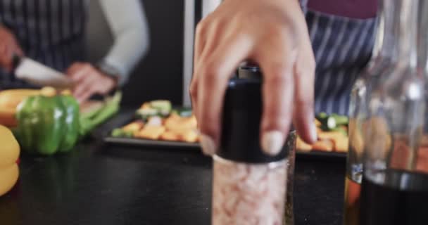 在厨房的中间部分 一对同性恋夫妇慢吞吞地切碎和调味蔬菜 健康的生活方式 团结和家庭生活 — 图库视频影像