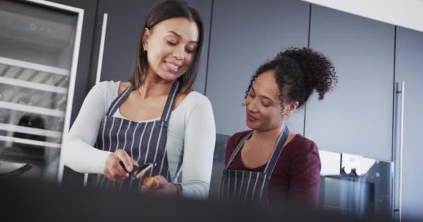 Önlüklü Yemek Hazırlayan Mutfakta Öpüşen Mutlu Çift Aşçılık Yemek Sağlıklı — Stok video