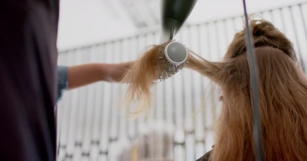 Peluquería Femenina Caucásica Peinado Pelo Largo Del Cliente Con Secador — Vídeo de stock