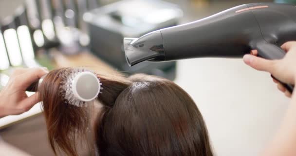 Caucasian Female Hairdresser Styling Client Long Hair Hairdryer Brush Slow — Stock Video
