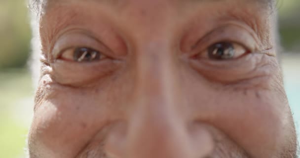 Портрет Щасливого Старшого Чоловіка Який Дивиться Камеру Посміхається Саду Повільний — стокове відео