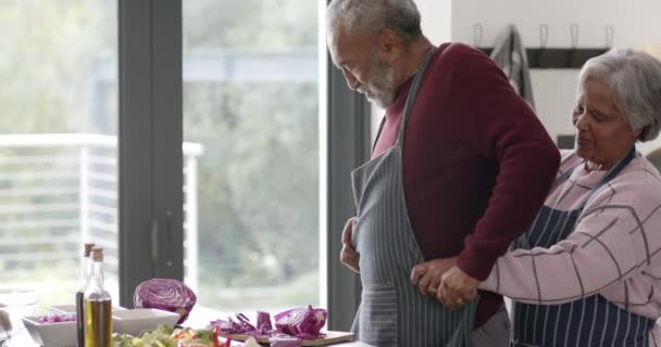 Üst Düzey Melez Çift Mutfakta Önlük Giyiyor Değiştirilmemiş Ağır Çekimde — Stok video