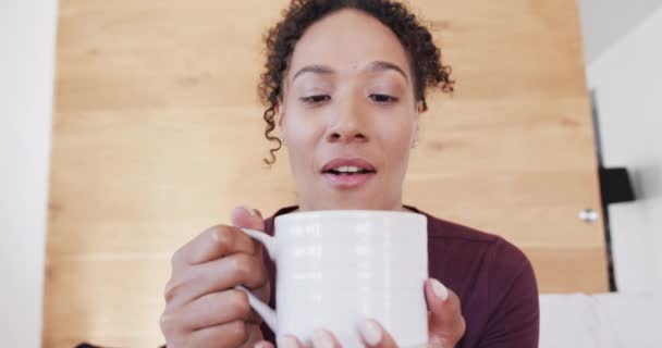 Mujer Birracial Feliz Haciendo Videollamadas Hablando Tomando Café Sala Estar — Vídeos de Stock
