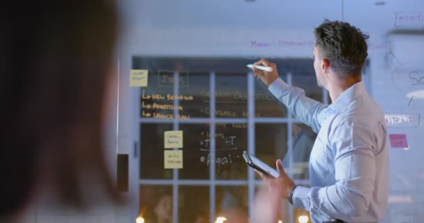 Біраовий Бізнесмен Використовує Планшет Скляну Стіну Представляючи Колегам Вночі Офісі — стокове відео
