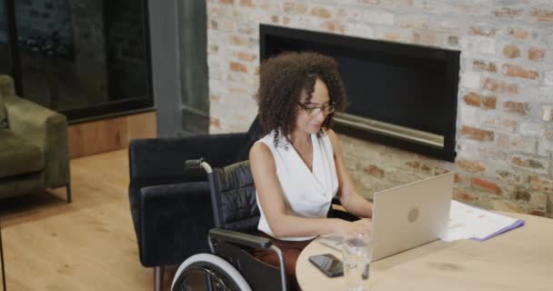 Happy Biracial Businesswoman Wheelchair Using Laptop Desk Office Slow Motion — Stock Video