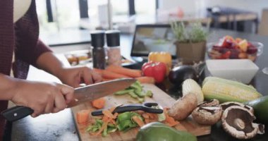 Afro-Amerikan 'ın orta kesimi ve mutfakta sebze doğrayan iri yarı bir kadın, ağır çekimde. Yaşam tarzı, beden içeriği, yemek pişirme, iletişim ve ev hayatı..