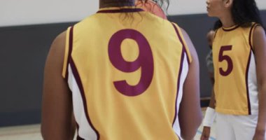 Çeşitli bayan basketbol takımları erkek antrenörlerle kapalı sahada ağır çekimde antrenman yapıyor. Spor, fitness, sağlık ve açık hava aktiviteleri, değiştirilmemiş.