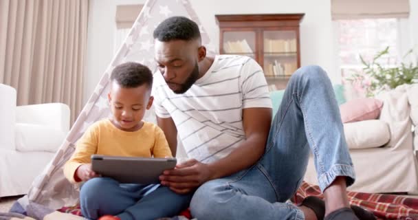Happy African American Father Son Using Tablet Smiling Home Slow — Stock Video
