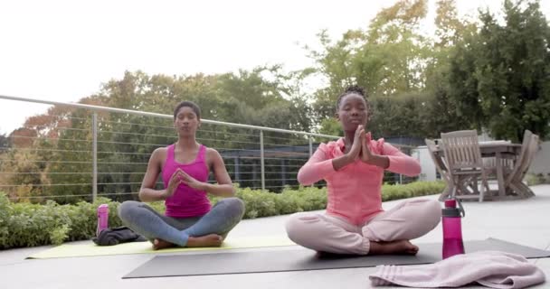 Feliz Afroamericana Hija Madre Practicando Yoga Jardín Soleado Cámara Lenta — Vídeos de Stock