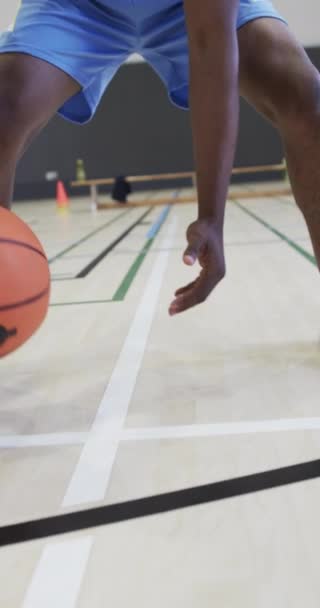 Κατακόρυφο Βίντεο Έναν Αφροαμερικανό Μπασκετμπολίστα Προπονείται Κλειστό Γήπεδο Αργή Κίνηση — Αρχείο Βίντεο