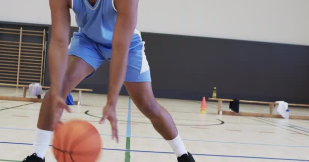 Portrét Afrického Amerického Basketbalisty Který Hraje Zpomaleném Filmu Vnitřním Hřišti — Stock video