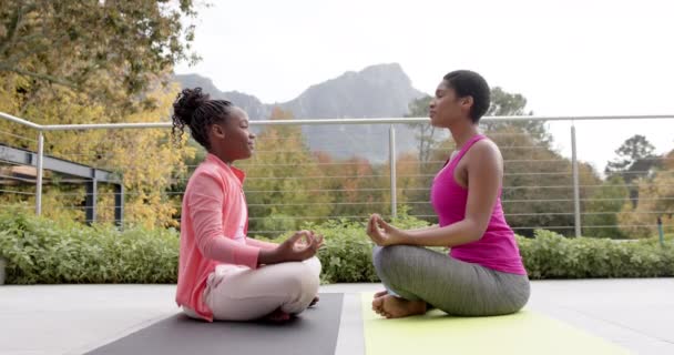 Felici Afro Americani Figlia Madre Praticare Yoga Giardino Rallentatore Famiglia — Video Stock