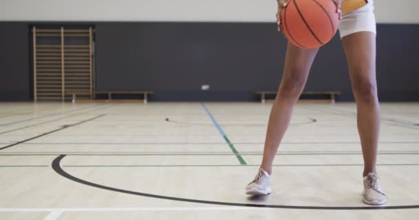 Porträt Einer Afrikanisch Amerikanischen Basketballspielerin Die Zeitlupe Auf Einem Indoor — Stockvideo