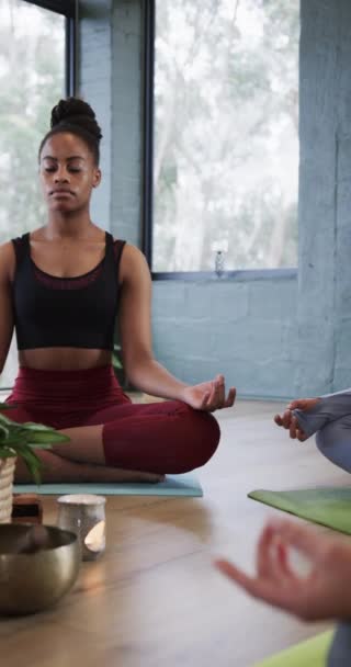 Vertikal Video Med Fokuserade Olika Kvinnor Mediterar Tillsammans Mattor Yogaklassen — Stockvideo