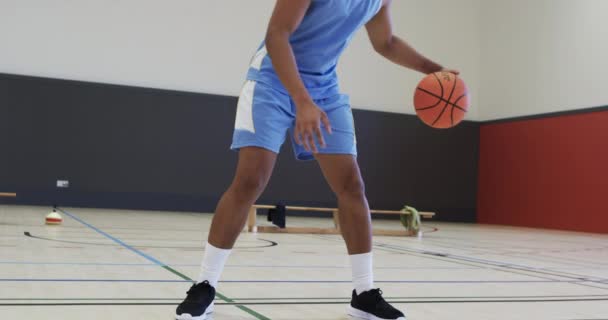 Egy Afro Amerikai Férfi Kosárlabda Játékos Portréja Aki Beltéri Pályán — Stock videók