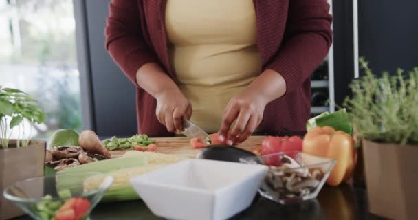 Middel Afrikansk Amerikan Storlek Kvinna Hugga Grönsaker Köket Slow Motion — Stockvideo