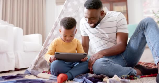 Happy African American Father Son Using Tablet Doing High Five — Stock Video