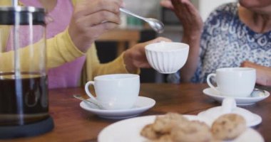 Mutlu Afro-Amerikan yetişkin kızları ve kıdemli anneleri kahve içiyorlar, ağır çekimde. Aile, rahatlama, annelik ve aile hayatı, değişmemiş..