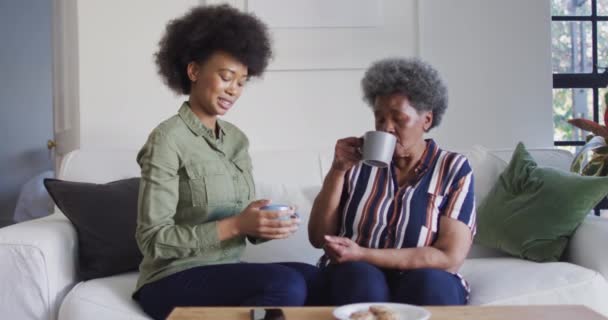 Afroamerykańska Dorosła Córka Starsza Matka Rozmawiają Piją Kawę Domu Spowolniony — Wideo stockowe