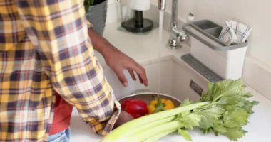 Mutfakta sebze yıkayan melez bir adamın orta bölümü, yavaş çekim. Aşçılık, yemek, sağlıklı yaşam ve ev hayatı, değişmeden..