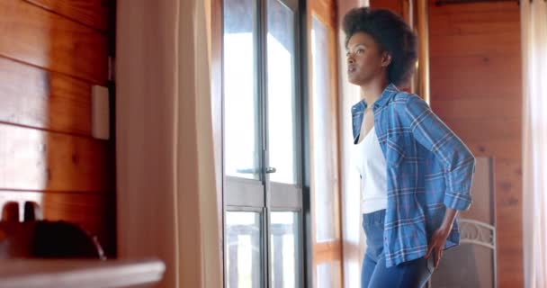 Šťastná Afroameričanka Která Dívá Okna Obýváku Zpomaleném Filmu Relaxace Životní — Stock video