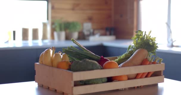Jaula Verduras Orgánicas Encimera Cocina Soleada Cámara Lenta Alimentación Nutrición — Vídeos de Stock