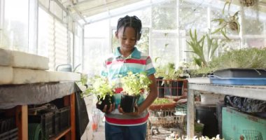 Serada çiçekleri tutan mutlu Afro-Amerikan çocuk portresi, ağır çekimde. Organik doğa, bahçıvanlık ve sağlıklı yaşam tarzı, değiştirilmemiş..