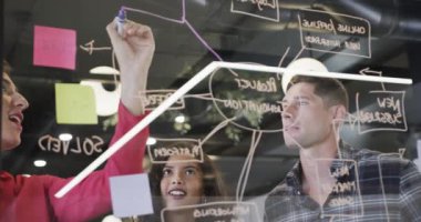 Tartışmada çeşitli yaratıcı meslektaşlar ofisteki cam duvara notlar yazıyorlar, ağır çekimde. Günlük ofis, beyin fırtınası, iş dünyası, takım çalışması, iş dünyası, yaşam tarzı ve yaratıcı iş, değiştirilmemiş.