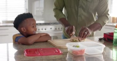 Afrika kökenli Amerikalı büyükbaba torunuyla yemek hazırlıyor. Okul için, ağır çekimde. Aile, yaşam tarzı, çocukluk, birliktelik, bakım ve aile hayatı, değişmemiş.