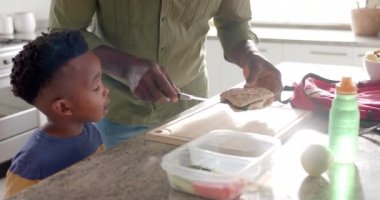 Afrika kökenli Amerikalı büyükbaba, torunuyla yemek hazırlıyor. Okuldan önce, ağır çekimde. Aile, yaşam tarzı, çocukluk, birliktelik, bakım ve aile hayatı, değişmemiş.