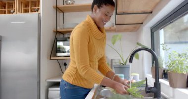 Mutfakta sebze yıkayan mutlu Afro-Amerikan kadın, ağır çekimde. Aşçılık, yemek, sağlıklı yaşam ve ev hayatı, değişmeden..