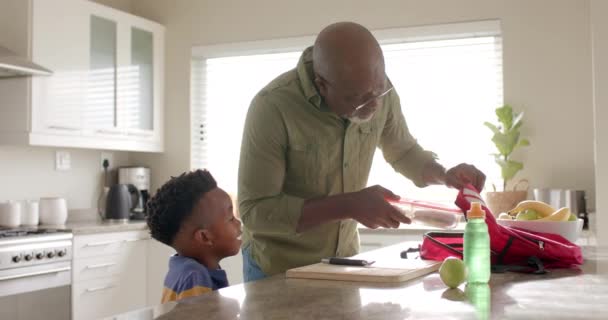 アフリカ系アメリカ人の祖父は 学校の前に台所で孫と一緒に昼食を作って スローモーション ライフスタイル 子供時代 一緒に ケアと家庭生活 変わらない — ストック動画
