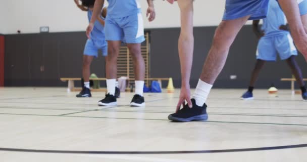 Низкая Часть Разнообразных Баскетболистов Мужского Пола Растягивающих Ноги Тренировке Замедленная — стоковое видео