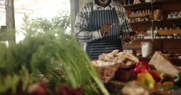 资深的非洲裔美国男性店主在保健食品商店里进行存货盘点 动作缓慢 企业主 有机食品 健康的生活方式和当地企业 — 图库视频影像