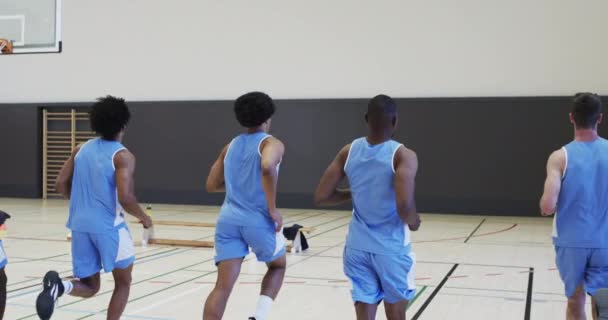 Διαφορετική Ανδρική Ομάδα Μπάσκετ Προπόνηση Τρέξιμο Και Στροφή Κλειστό Γήπεδο — Αρχείο Βίντεο