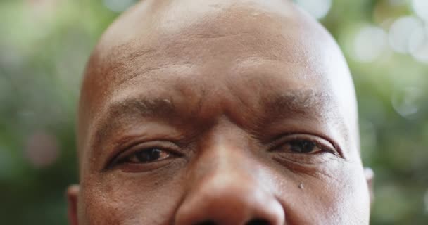 Portret Van Gelukkige Ogen Van Senior Afro Amerikaanse Man Natuur — Stockvideo