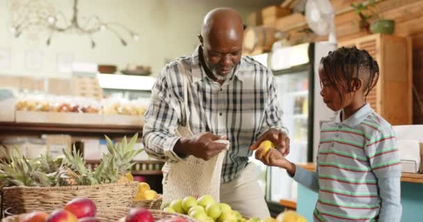 Šťastný Starší Africký Americký Dědeček Vnuk Nakupující Obchodě Zdravou Výživou — Stock video