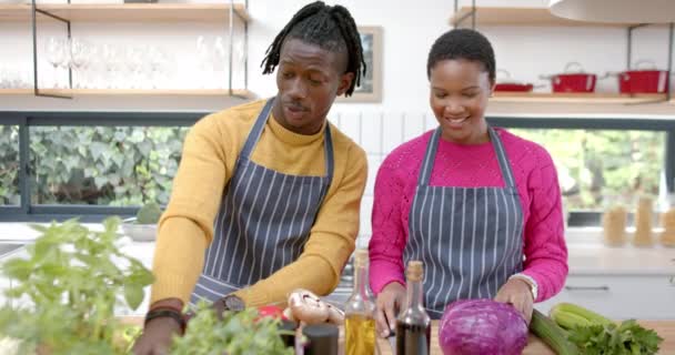 Šťastný Africký Pár Zástěrách Připravuje Jídlo Kuchyni Zpomaluje Vaření Jídlo — Stock video
