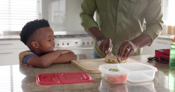 非洲裔美国人爷爷和孙子一起在厨房为学校做午饭 动作缓慢 生活方式 照料和家庭生活 — 图库视频影像