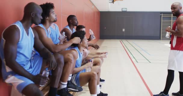 Diverse Männliche Basketballtrainer Gespräch Mit Dem Team Auf Der Bank — Stockvideo